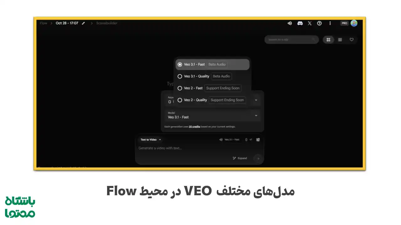 مدل‌های مختلف VEO شامل VEO 3.1 Fast، Quality و نسخه‌های VEO 2 در محیط Google Flow