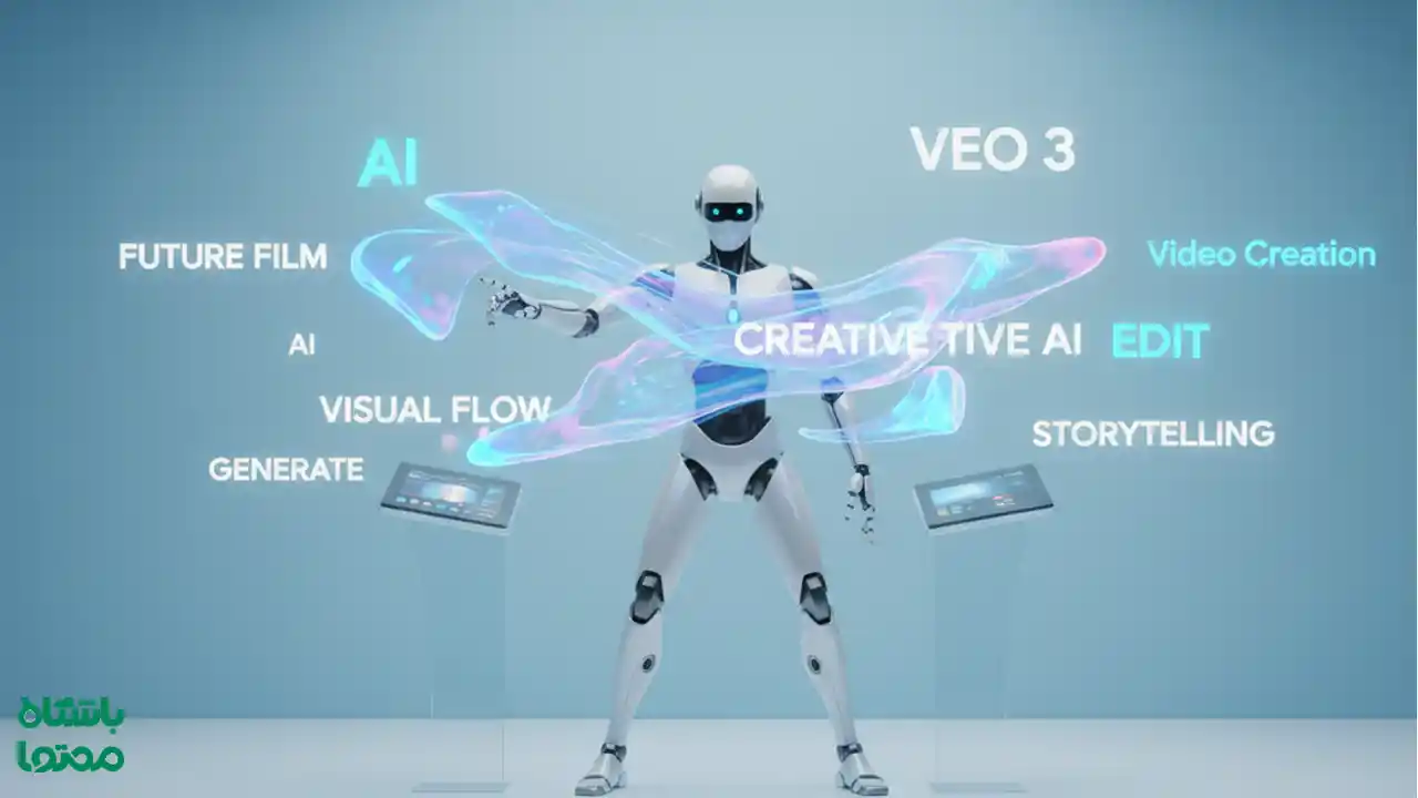 ربات انسان‌نما در محیط آبی در حال کار با ابزارهای هوش مصنوعی و ساخت ویدیو با VEO 3