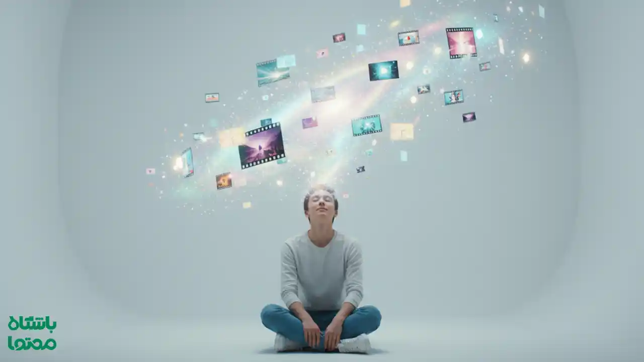 نمای مفهومی از فردی که ایده‌های ویدیویی از ذهنش خارج می‌شود، نمادی از تبدیل متن به ویدیو با VEO 3