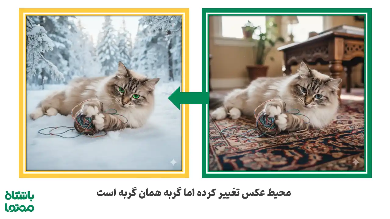 مقایسه دو تصویر از گربه سفید که در خانه روی فرش بازی می‌کند و نسخه تولیدشده توسط نانو بنانا در برف با پس‌زمینه جنگل زمستانی