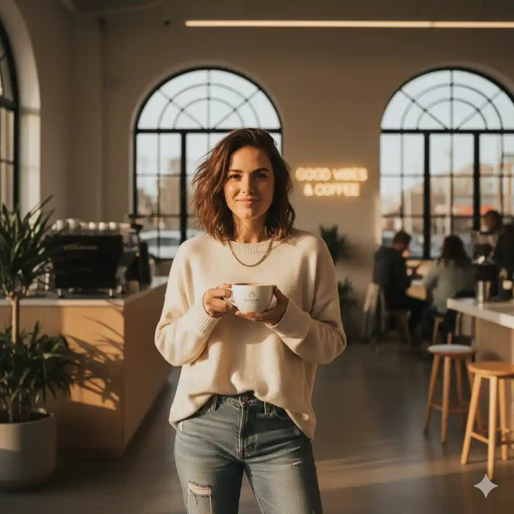 دختر جوان در کافه با نور طبیعی و فنجان قهوه در دست برای آموزش تولید عکس با نانو بنانا