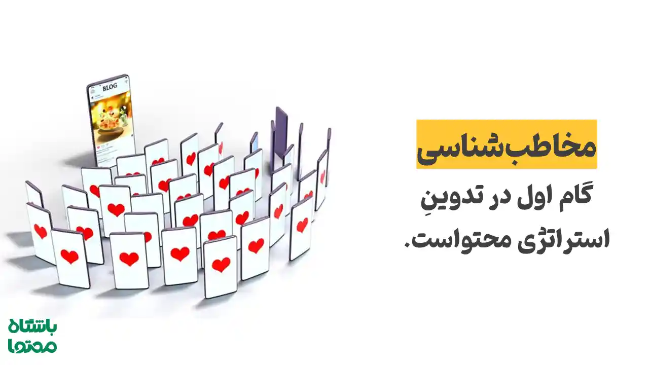 تصویری از تلفن‌های همراه با آیکون قلب و متن مخاطب‌شناسی، نماد اهمیت شناخت مخاطب در استراتژی محتوا – باشگاه محتوا