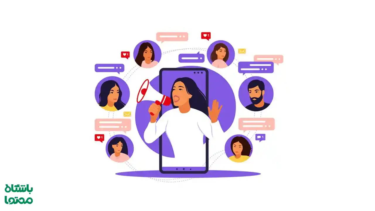 ختری با بلندگو در حال تعامل با مخاطبان در شبکه‌های اجتماعی – مفهوم ارتباط و تحلیل رفتار مخاطب در بازاریابی محتوایی