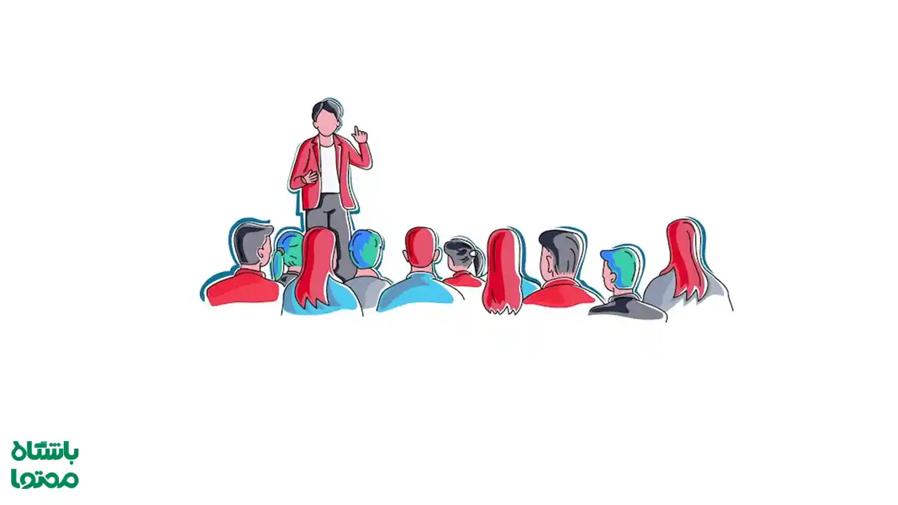 سخنران در حال صحبت با گروهی از افراد به‌عنوان نماد شناخت مخاطب در استراتژی محتوا – تصویر آموزشی از باشگاه محتوا